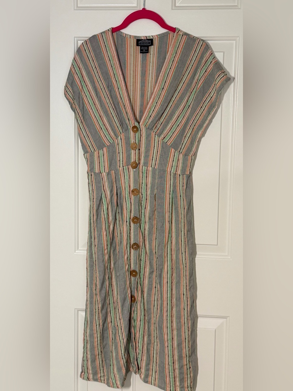 Angie Striped Button-Front Dress in Gray, Pink, Green